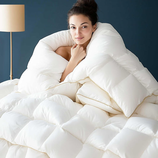 WhatsBedding Puffy White Feather Comforter Oversize King with Feathers Down