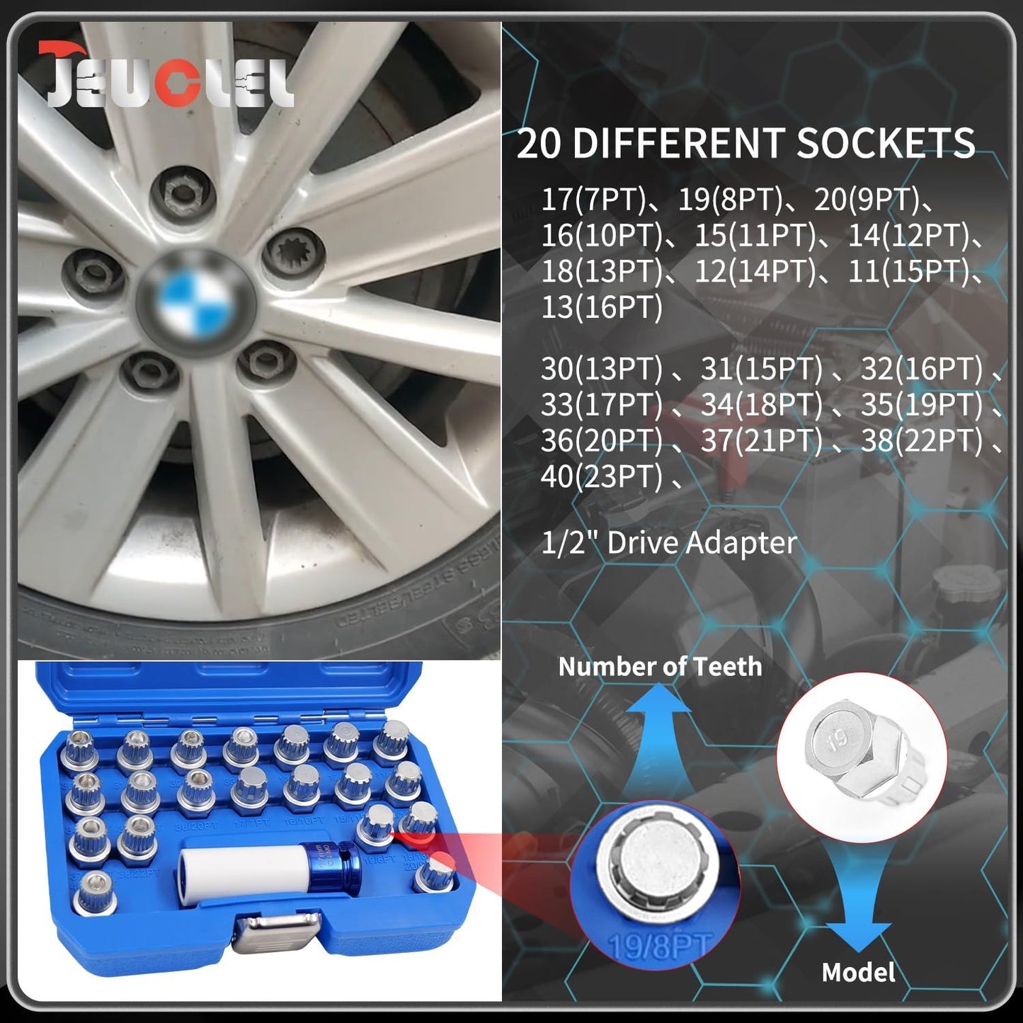21PCS Wheel Locking Nut Key Kit Compatible with BMW, Wheel Lock Nut Socket Adapt