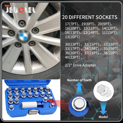 21PCS Wheel Locking Nut Key Kit Compatible with BMW, Wheel Lock Nut Socket Adapt