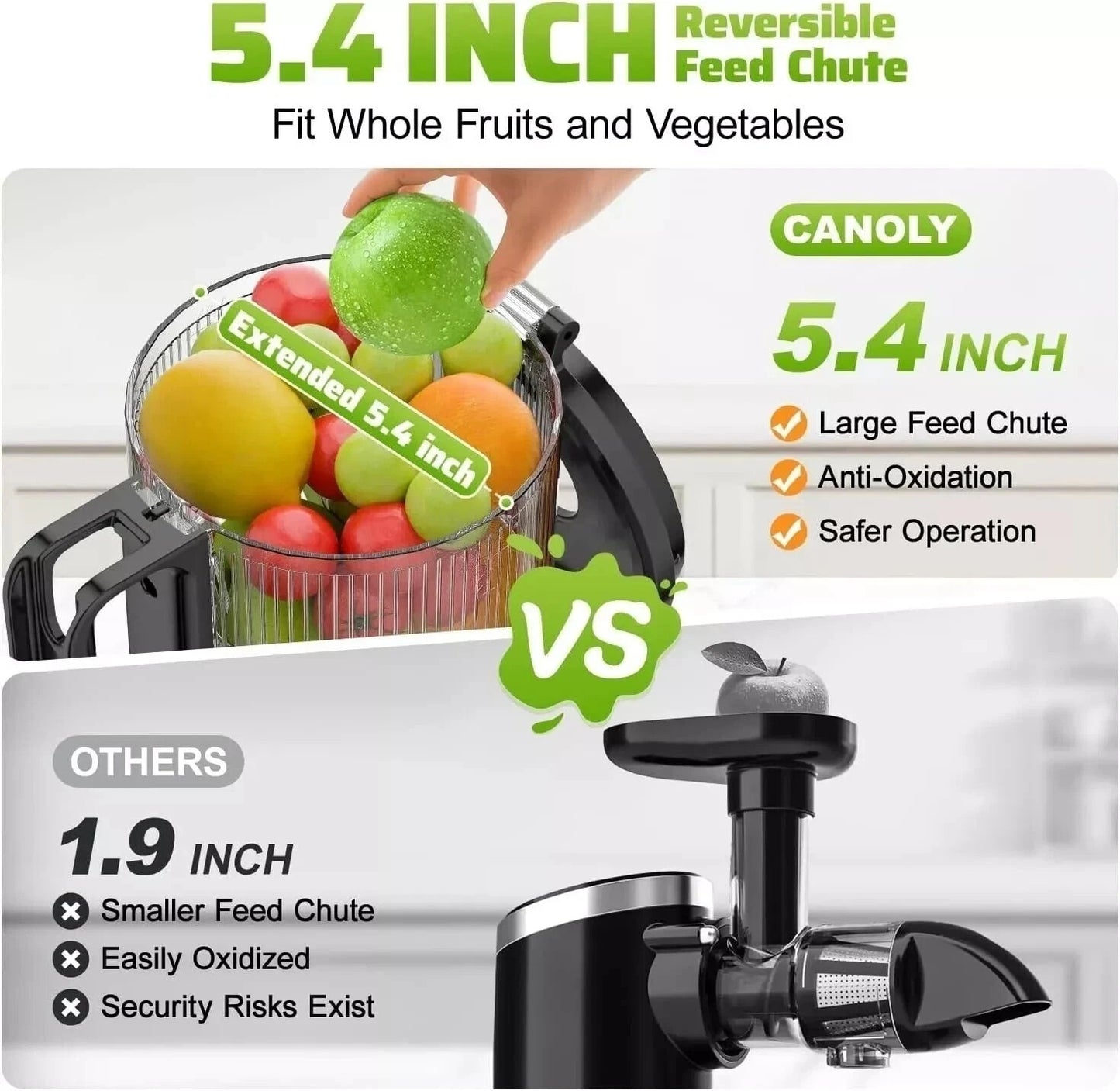 Canoly Cold Press Masticating Juicer JE-75B Extra Large 5.4" Feed 400W Easy Clea