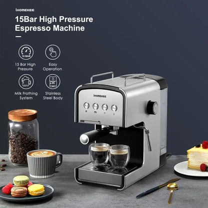 Ihomekee CM6822 Silver Black 15-Bar Fast Heating Removable Tank Espresso Machine