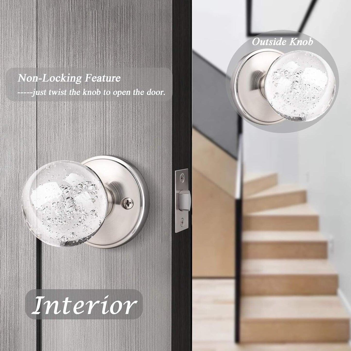 Orger 5 Pack Passage Door Knob Sets, Round Clear Bubble Glass Door Handles, Keyl