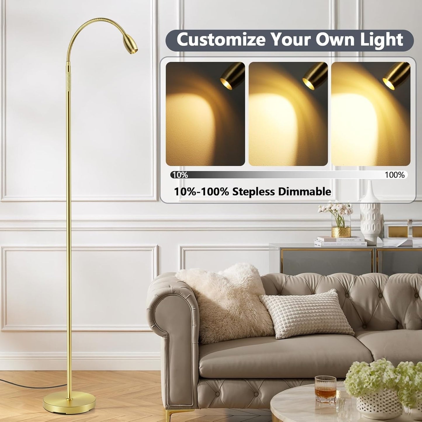Reading Floor Lamp, 72" Tall LED Lamp with Flexible Gooseneck, Dimmable Zoomable