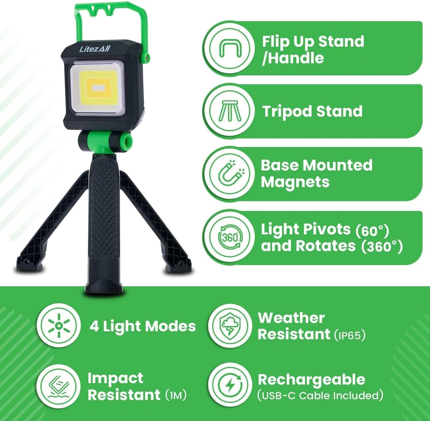 LitezAll 2000 Lumen Rechargeable Work Light with Stand – Tripod Light, Tower