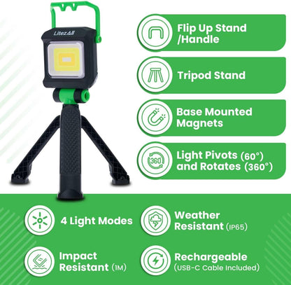 LitezAll 2000 Lumen Rechargeable Work Light with Stand – Tripod Light, Tower