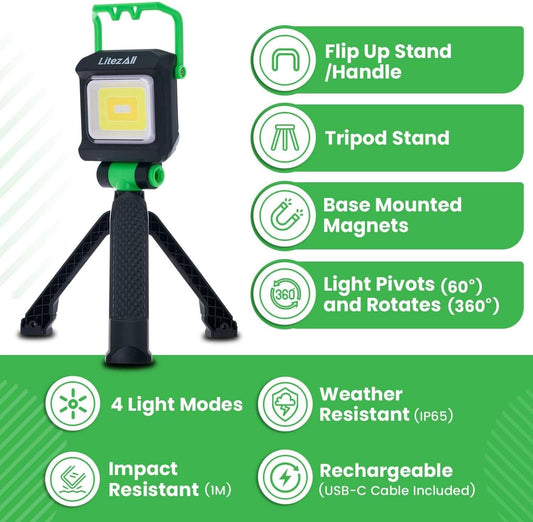 LitezAll 2000 Lumen Rechargeable Work Light with Stand – Tripod Light, Tower