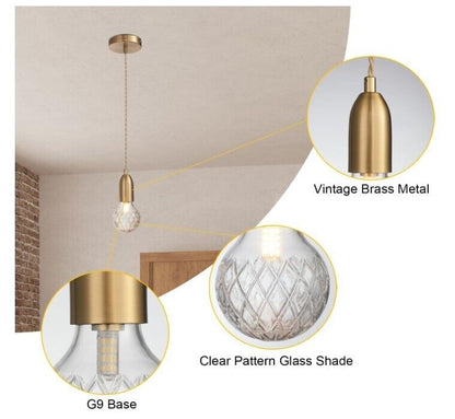 Modern 1-Light Brass Chandelier with Diamond Pattern Glass Shade - New