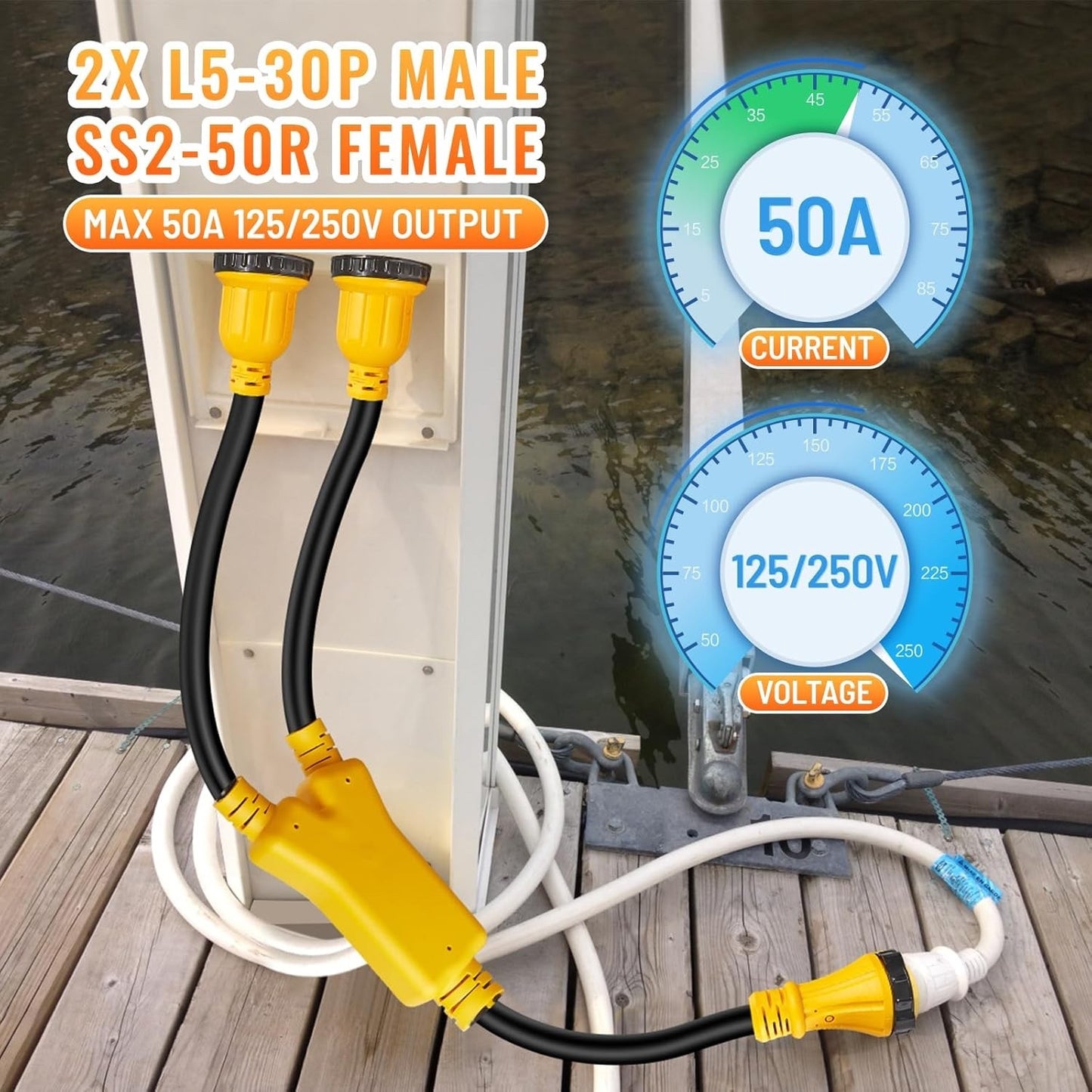 MECMO Marine Shore Power Reverse Y Adapter, 2X L5-30P 30A to SS2-50R 50A 125/250
