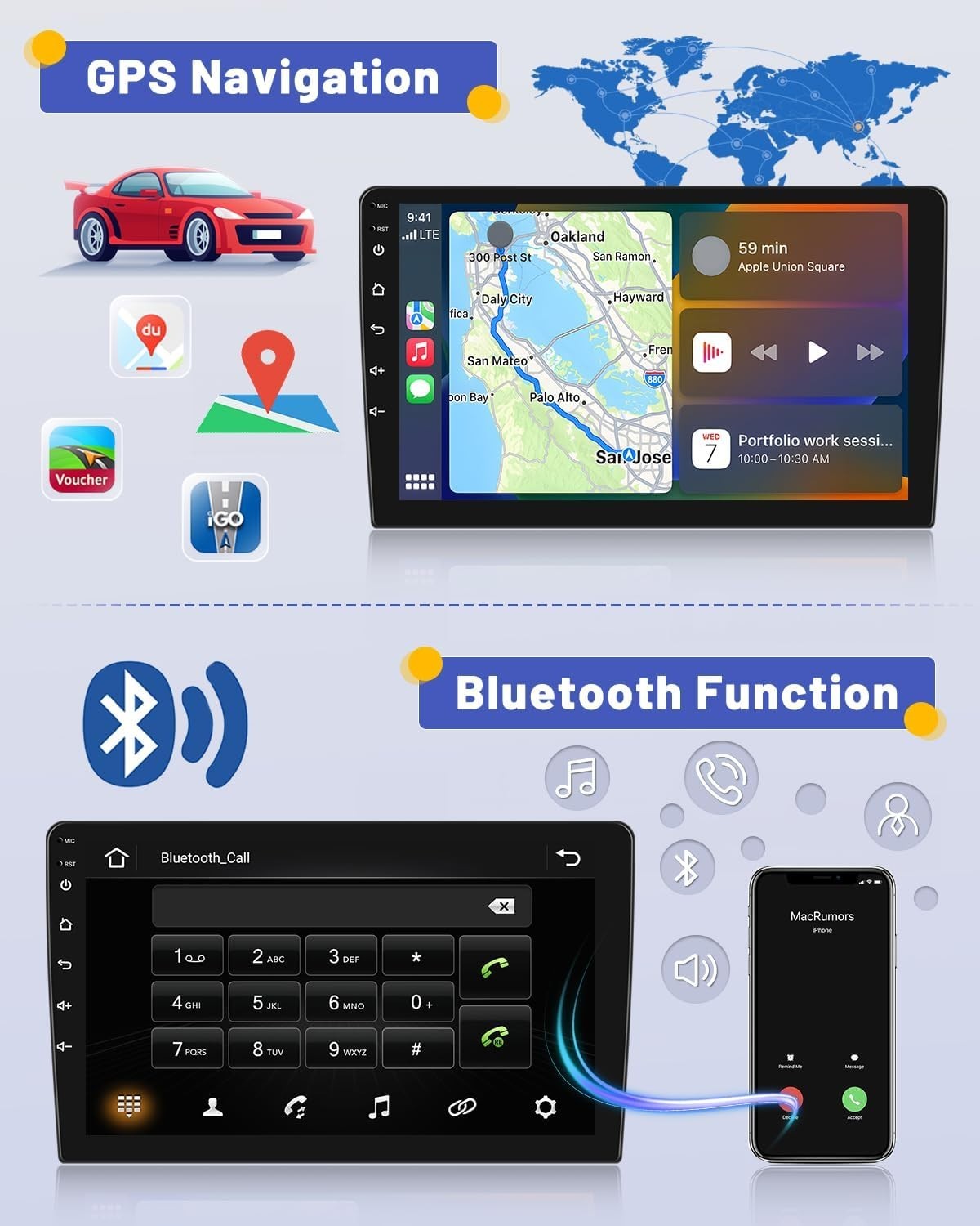 Hikity 2+64GB Double Din Android Car Stereo Wireless Apple Carplay Android Auto,