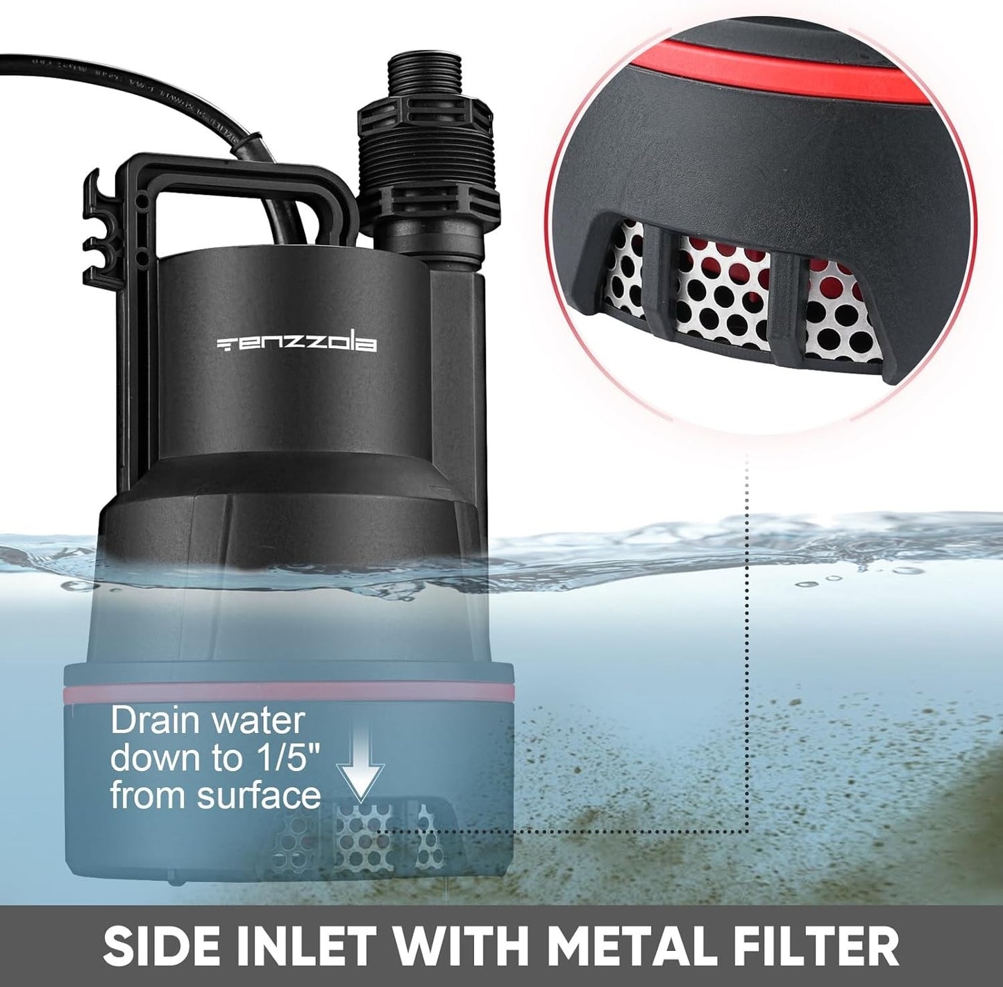 Sump Pump, 1/3 HP 2400GPH Submersible Utility Water Pump, Thermoplastic Portable