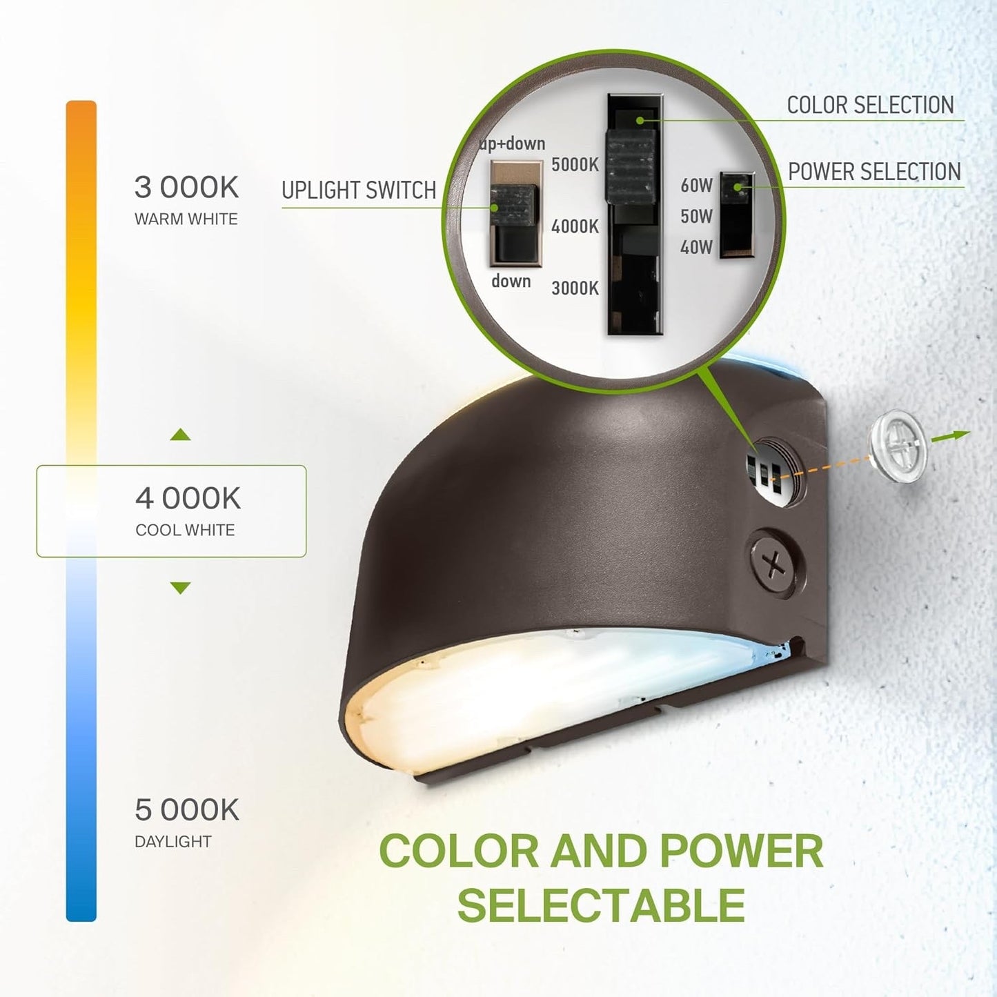 ASD 40/50/60W LED Wall Pack Light Round with Dusk to Dawn Photocell, Up & Down