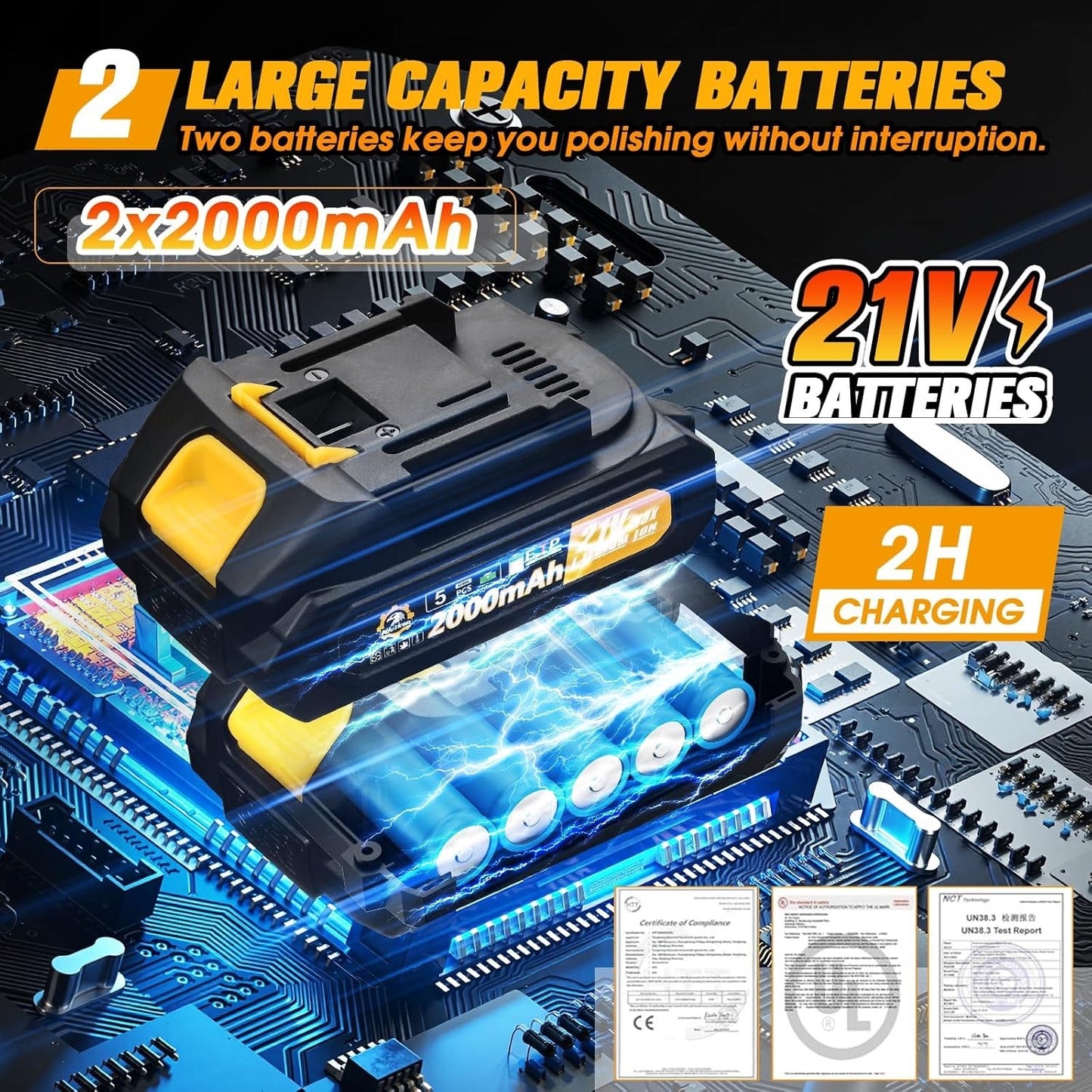 Cordless Car Buffer Polisher kit [2x 2000mAh 21V Batteries & 18 PCS Attachments]