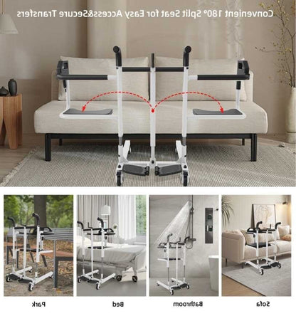 Patient Lift Transfer Chair Bathroom Wheelchair w/ 180° Split Seat and Commode