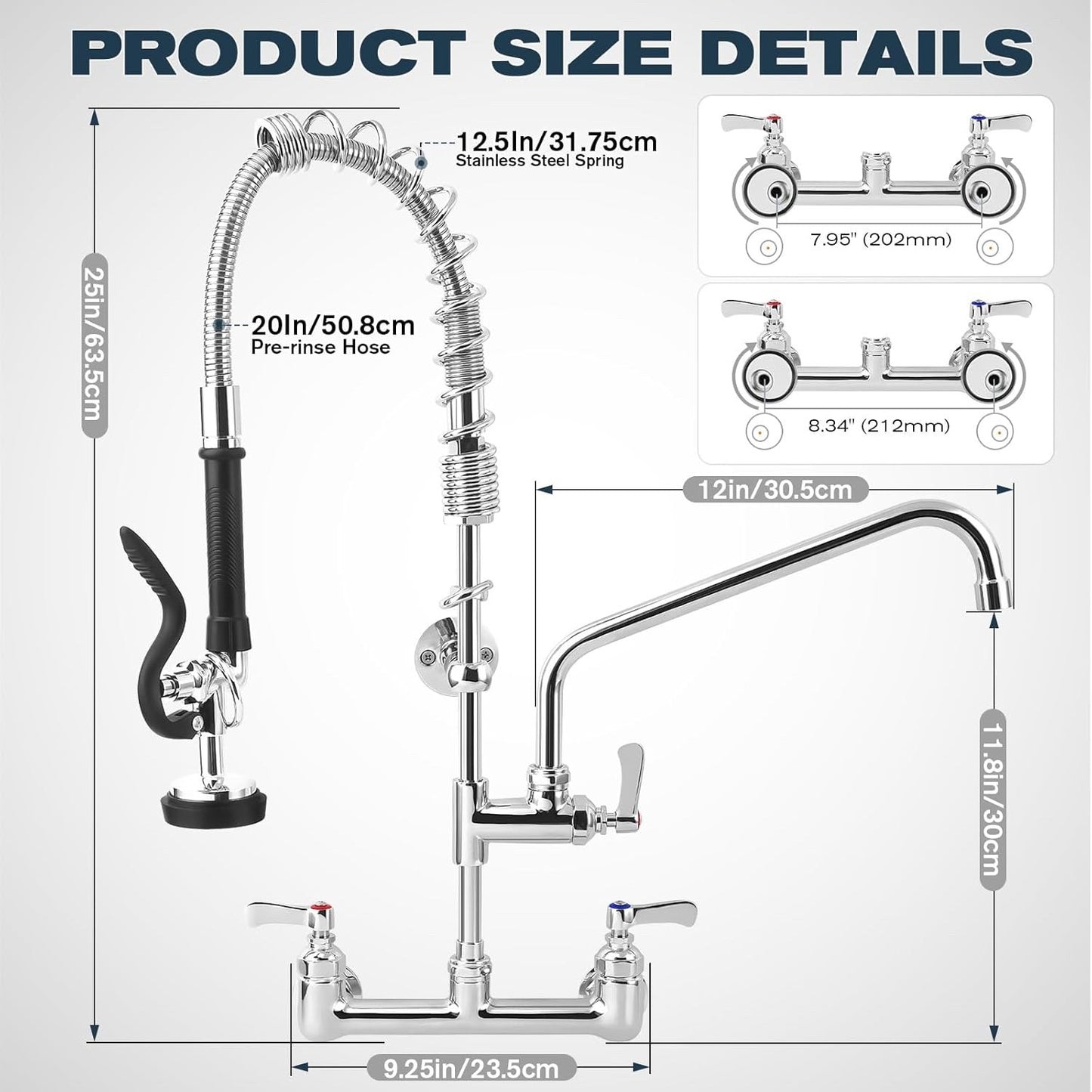 Commercial Sink Faucet - 25" Height Wall Mount With Pre-Rinse Sprayer - 8" Adjus