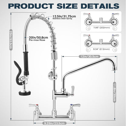 Commercial Sink Faucet - 25" Height Wall Mount With Pre-Rinse Sprayer - 8" Adjus