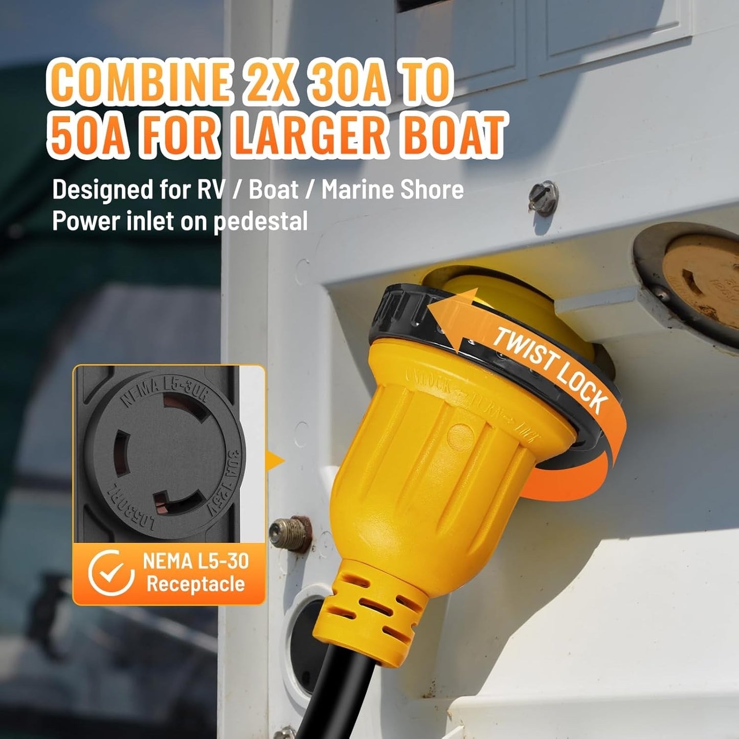 MECMO Marine Shore Power Reverse Y Adapter, 2X L5-30P 30A to SS2-50R 50A 125/250