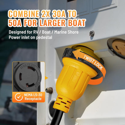 MECMO Marine Shore Power Reverse Y Adapter, 2X L5-30P 30A to SS2-50R 50A 125/250