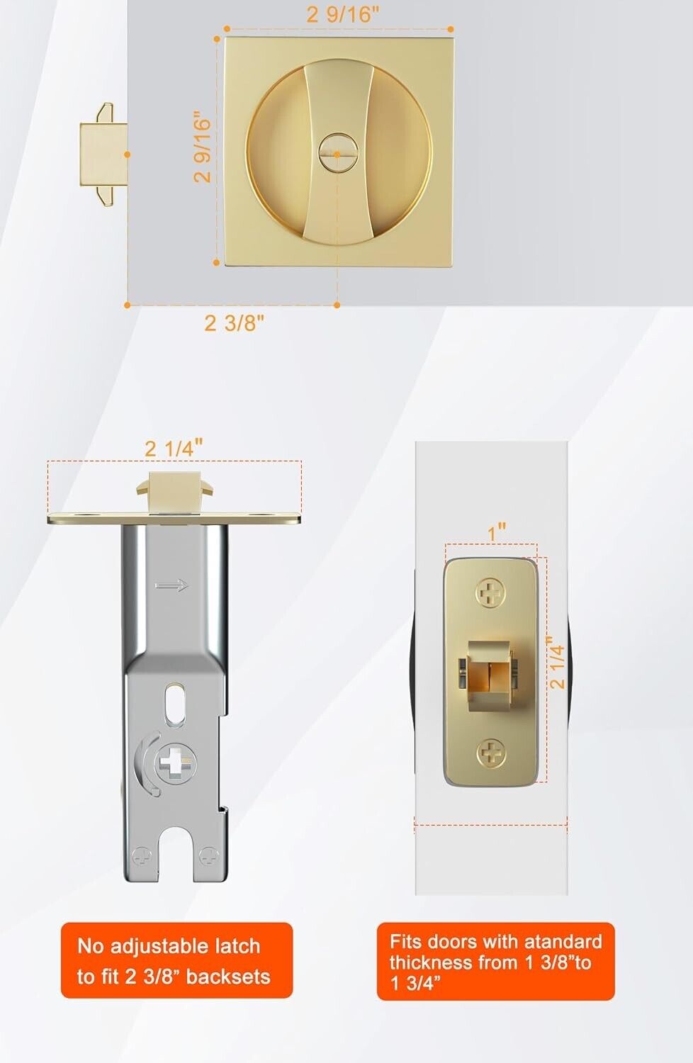 goldenwarm Gold Pocket Door Hardware, Brushed Gold Contemporary Privacy Squar...