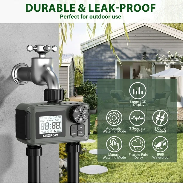 NEXPOW 2-Zone Water Timer - Outdoor Irrigation Controller with Automatic, Rain