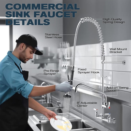 Commercial Sink Faucet - 25" Height Wall Mount With Pre-Rinse Sprayer - 8" Adjus