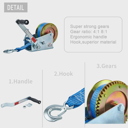 OPENROAD Boat Winch 3500lbs Hand Winch, with 32ft Blue Strap and 2 Speed swit...