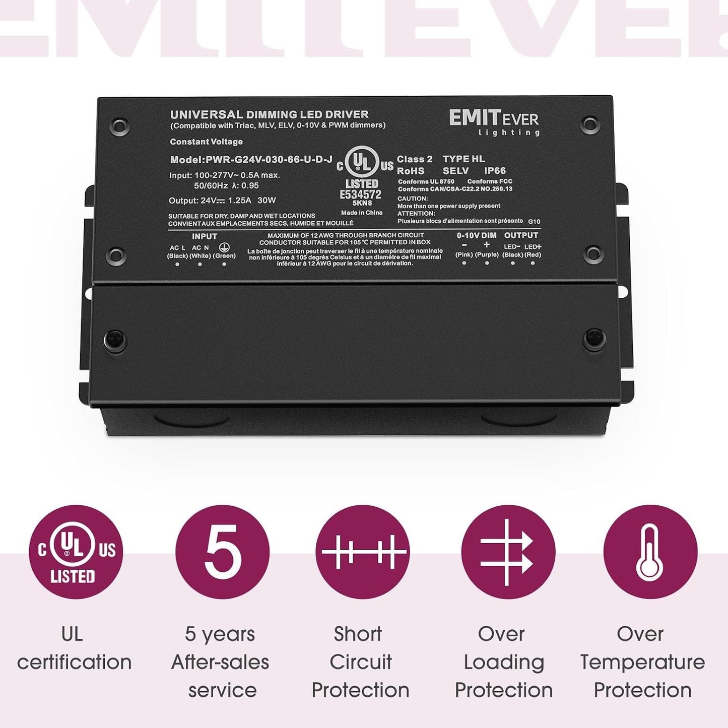 EMITEVER Dimmable Led Driver, 2 Packs 30W AC 110V-277V to DC 24V Transformer,
