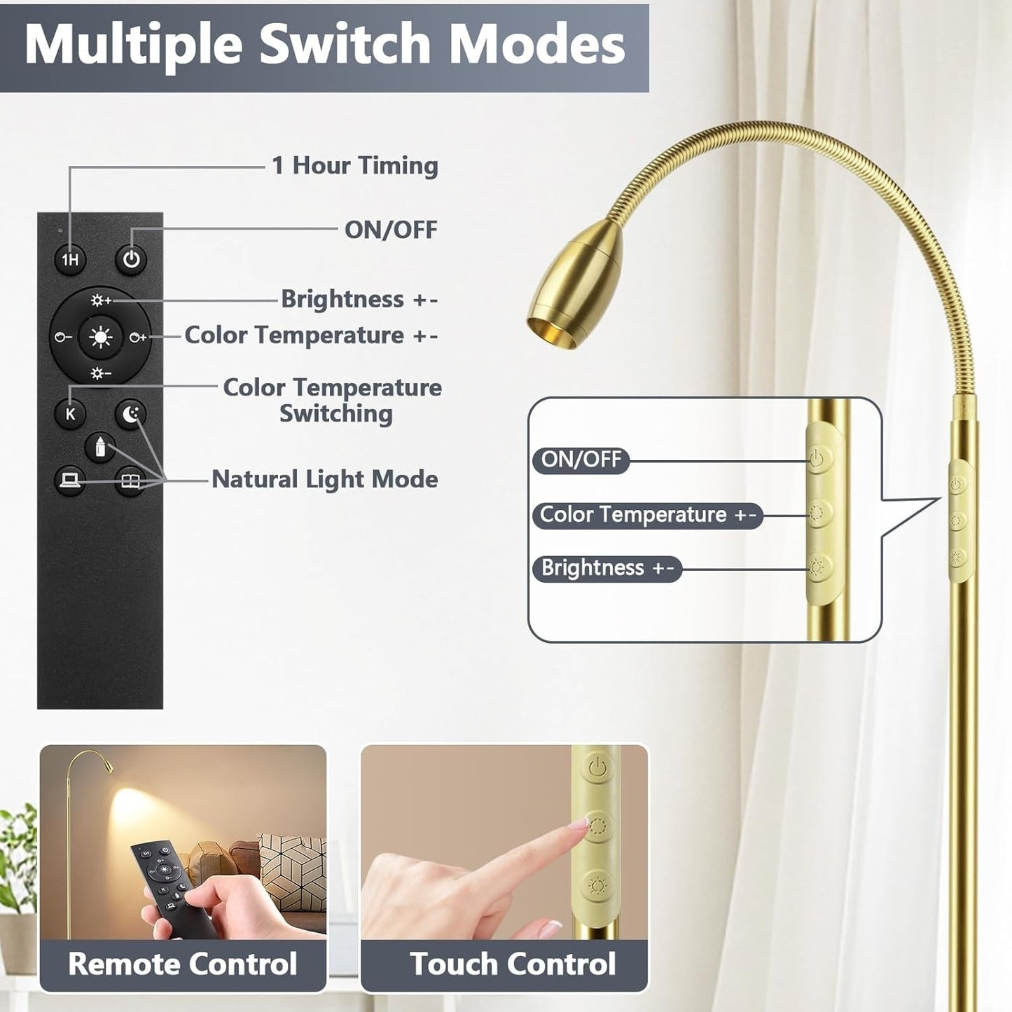 Reading Floor Lamp, 72" Tall LED Lamp with Flexible Gooseneck, Dimmable Zoomable