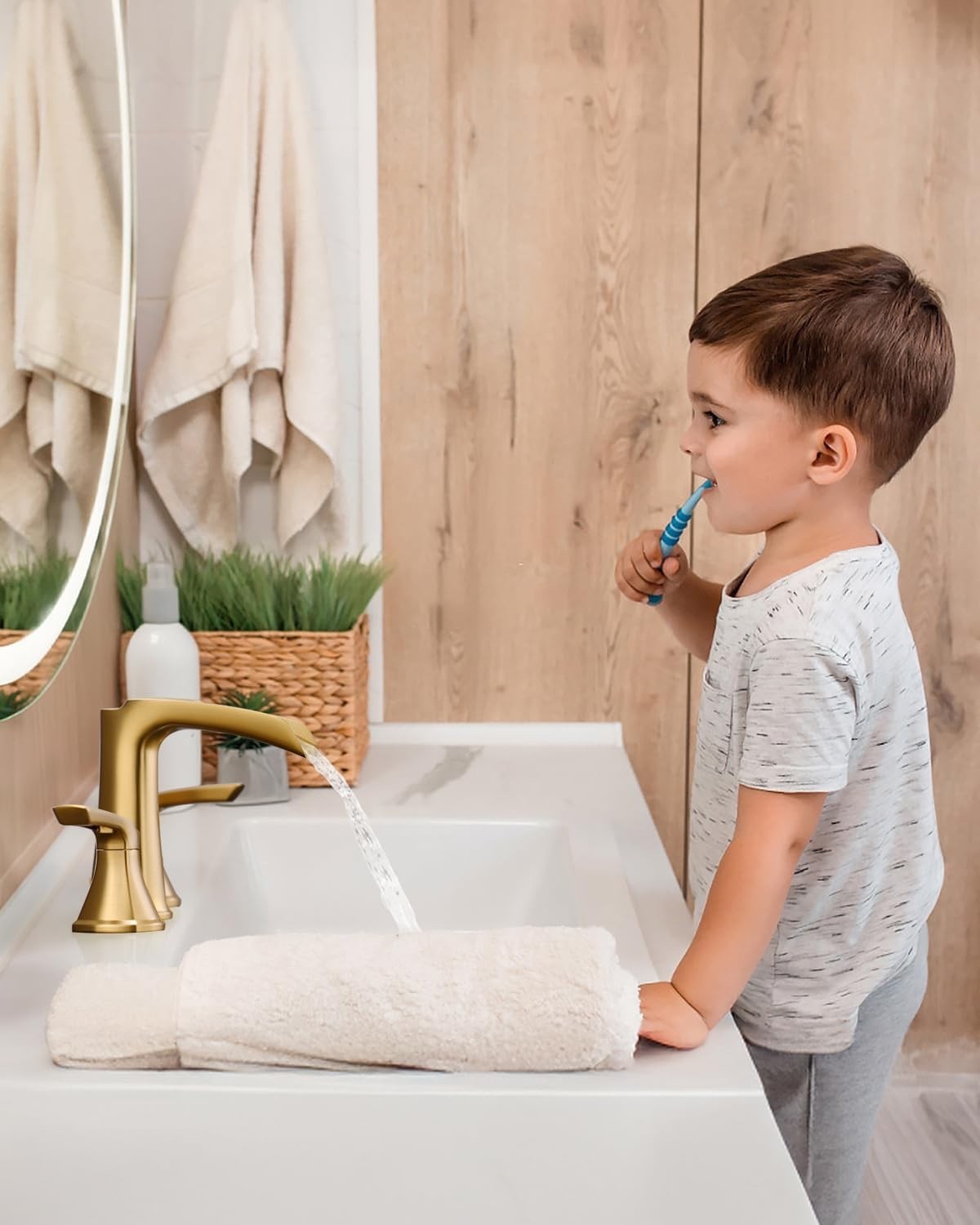 Fapully Brushed Gold Bathroom Faucet 3 Hole, Waterfall 8 Inch Widespread Bathroo