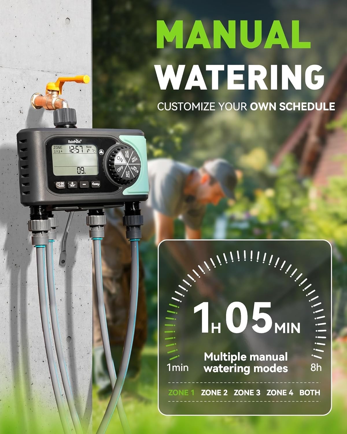 RAINPOINT Sprinkler Timer, 4 Outlets Hose Timers, 4 Zone Water Timer for...