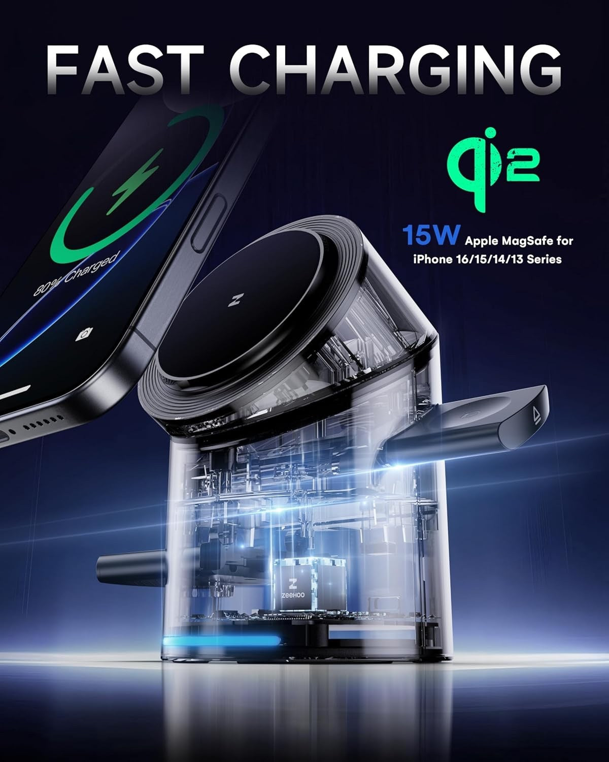 ZEEHOO - Wireless Charging Station - Qi2 15W Fast Charge - Model: CubeTrick-X