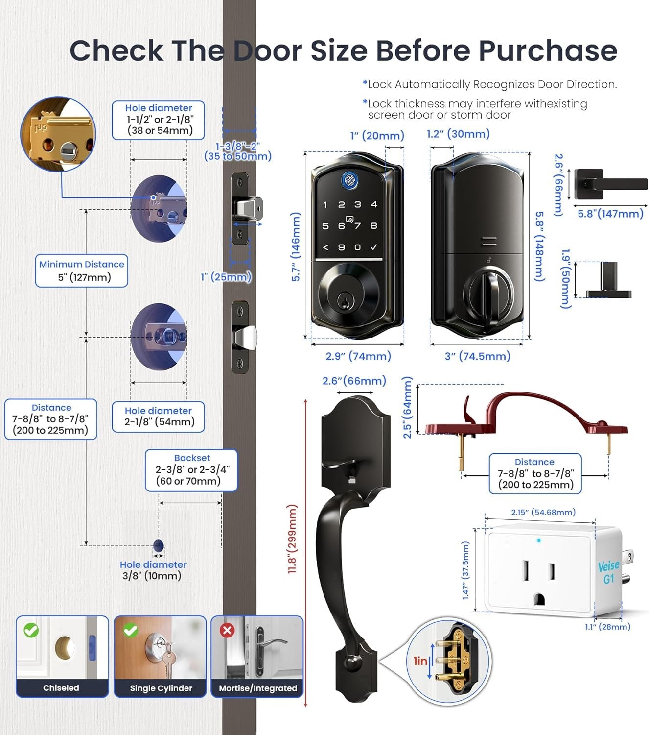 Veise VE017G-H Wi-Fi Smart Fingerprint Front Door Lock Set, Remote App Control,