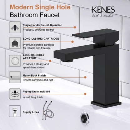 KENES Matte Black Single Handle Bathroom Sink Faucet, Stainless Steel Vanity