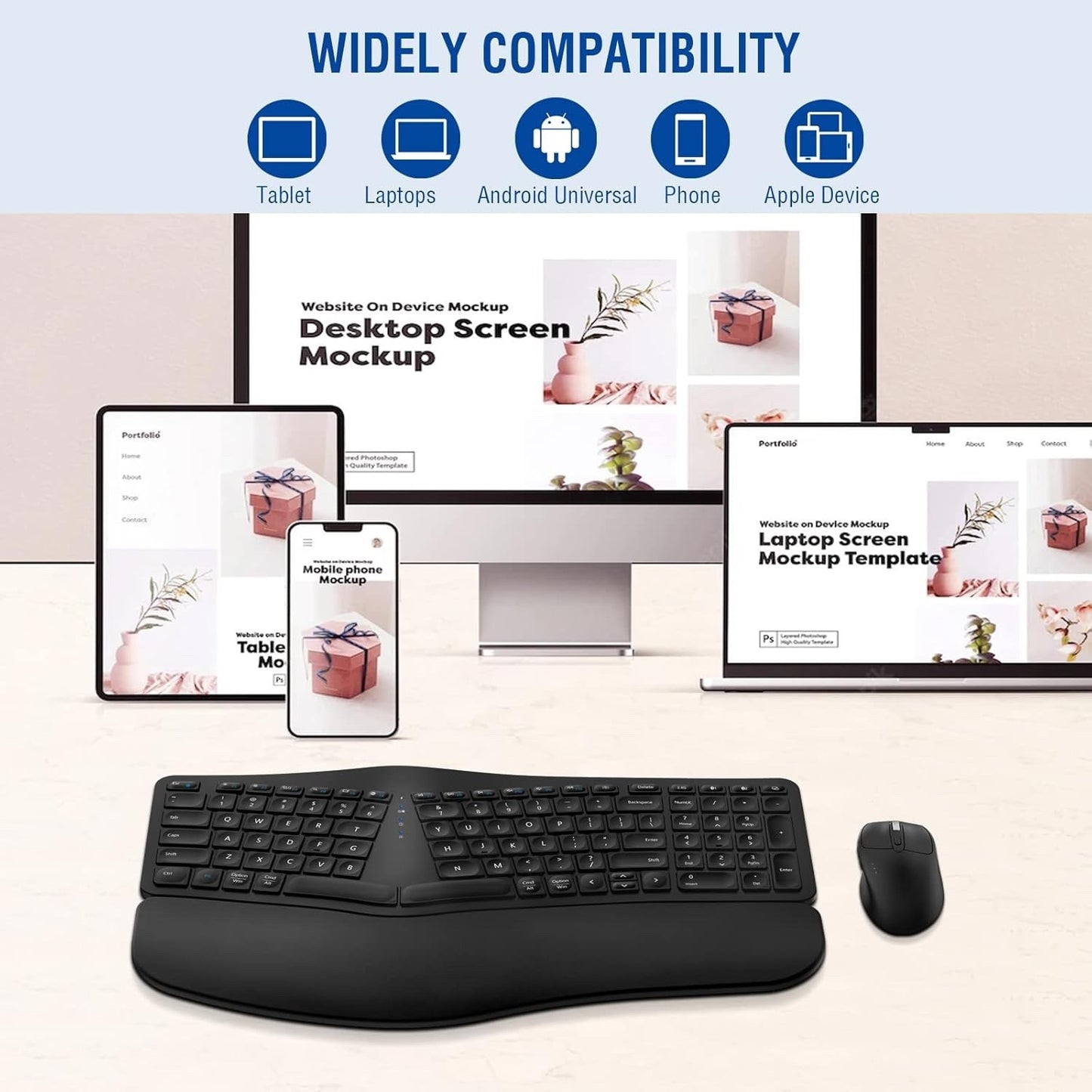 MK960 Ergonomic Wireless Keyboard Mouse Combo, Bluetooth/2.4G Split Design