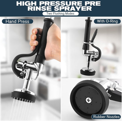 Commercial Sink Faucet - 25" Height Wall Mount With Pre-Rinse Sprayer - 8" Adjus