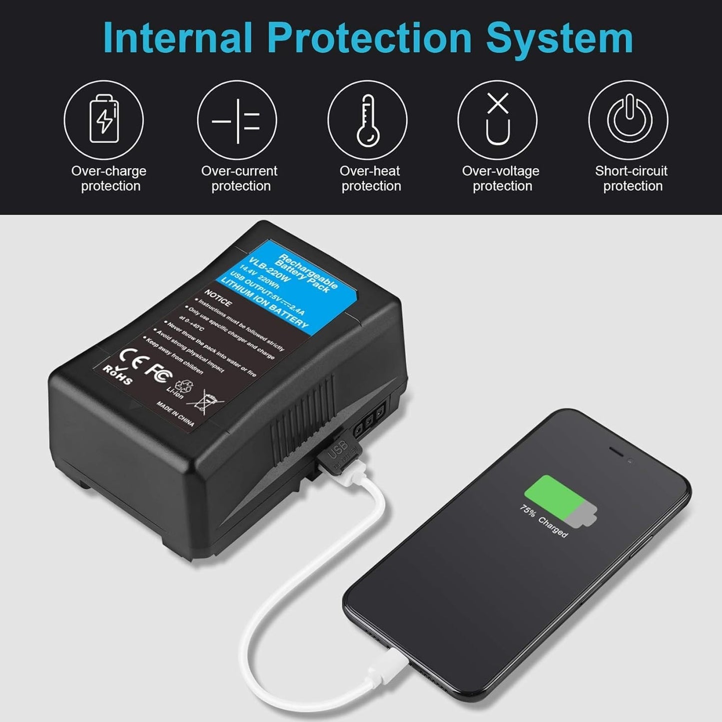 KUNLUN 220Wh 15000mAh V Mount Battery/Dtap Battery with D-TAP DC USB Ports