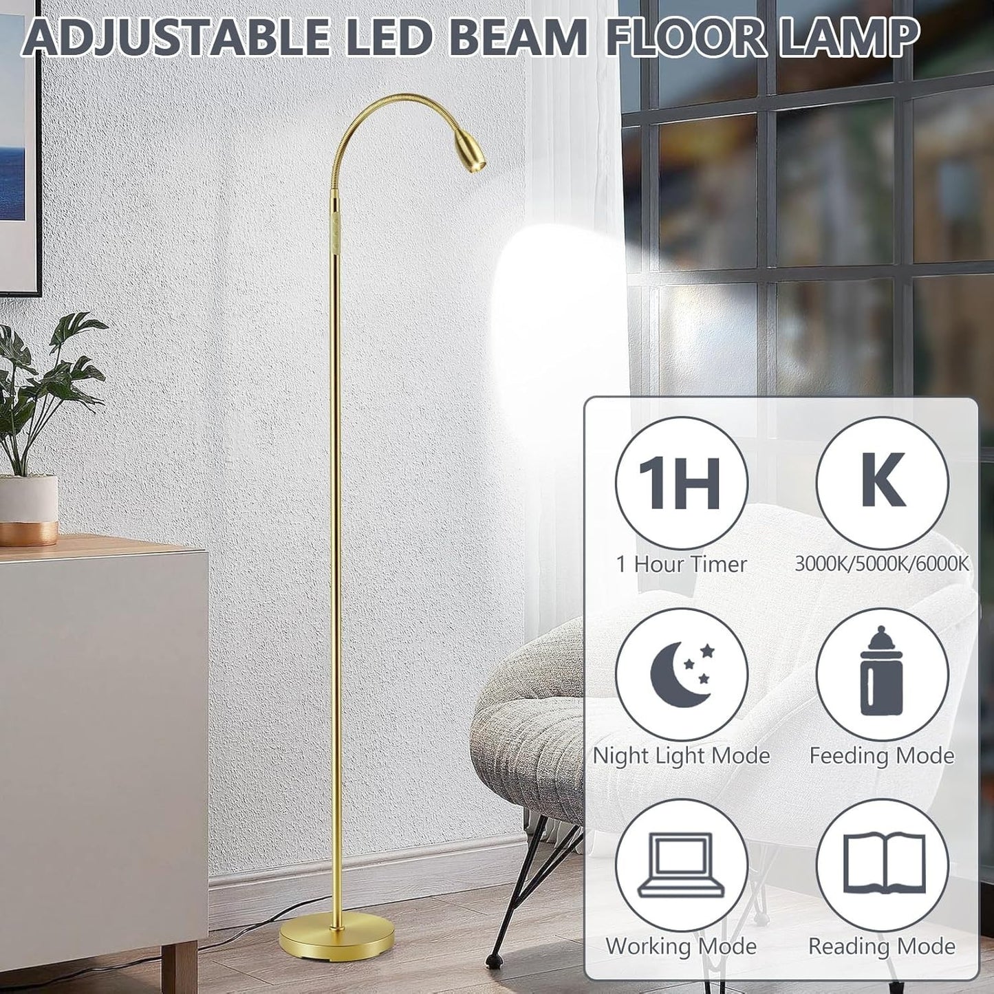 Reading Floor Lamp, 72" Tall LED Lamp with Flexible Gooseneck, Dimmable Zoomable