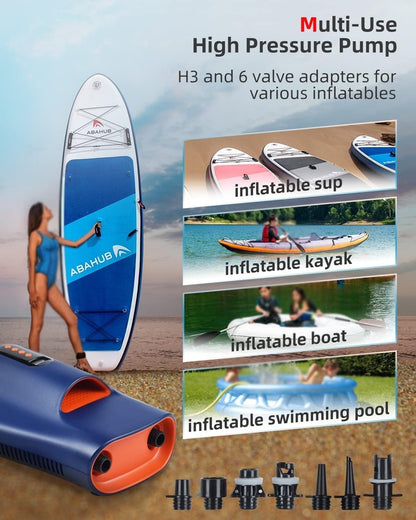 22PSI SUP Electric Air Pump, Portable High Pressure Pump with 6 Nozzles, Auto-Of