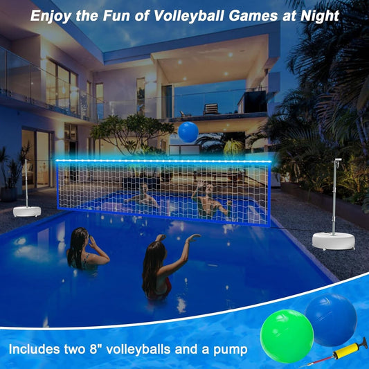 Light-Up Pool Volleyball Net Set with Solar Lights - 15ft-32ft Adjustable Length