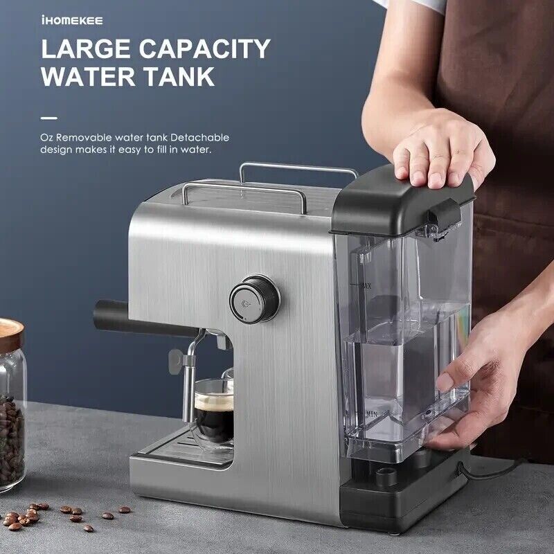 Ihomekee CM6822 Silver Black 15-Bar Fast Heating Removable Tank Espresso Machine