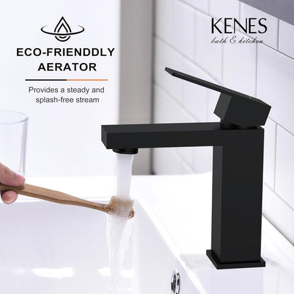 KENES Matte Black Single Handle Bathroom Sink Faucet, Stainless Steel Vanity