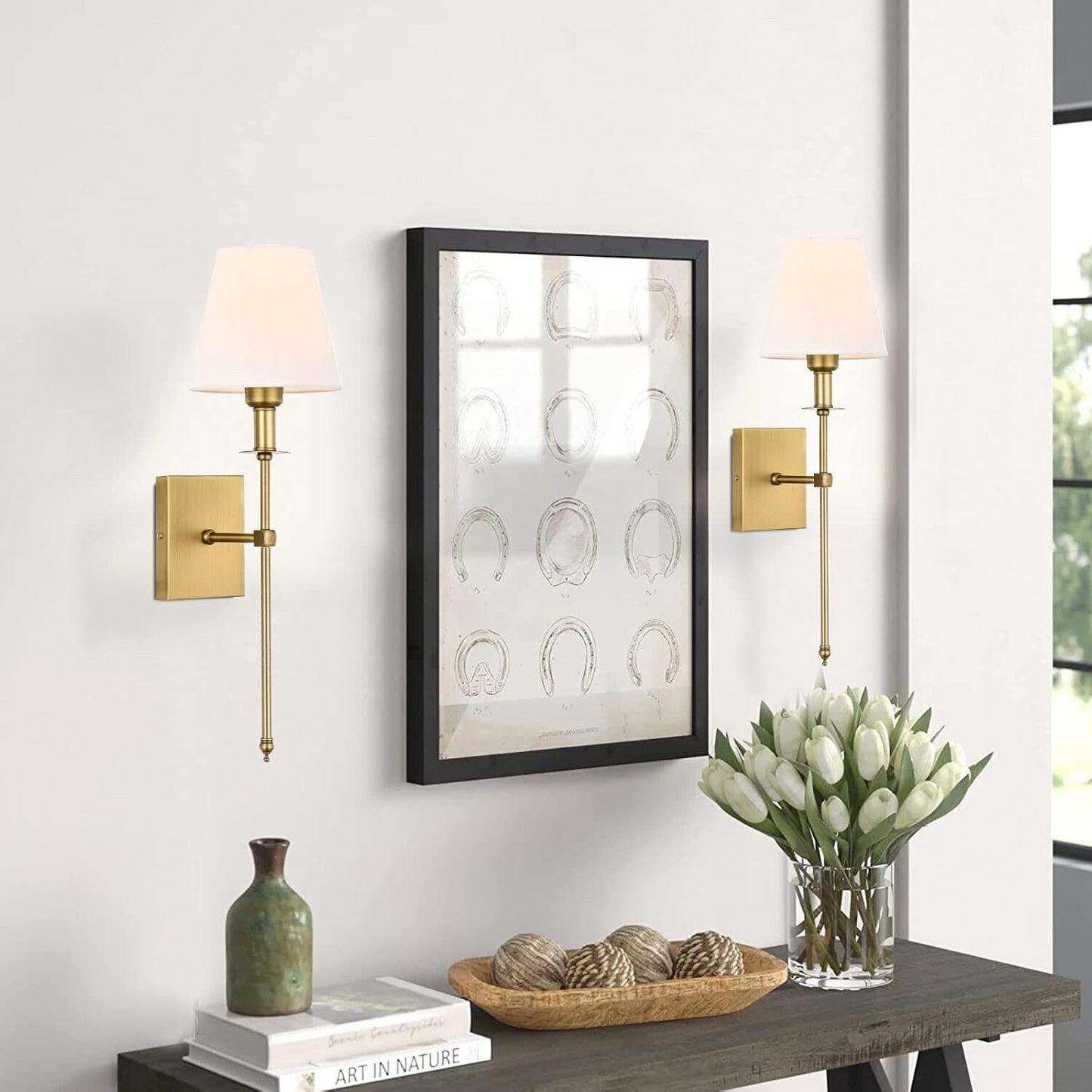 Pauwer Slim Wall Sconces Set of 2 White Fabric Shade Hardwired Indoor Light