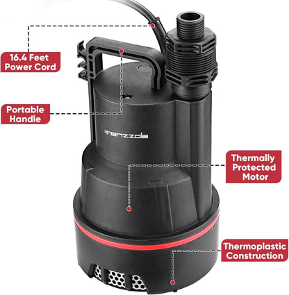 Sump Pump, 1/3 HP 2400GPH Submersible Utility Water Pump, Thermoplastic Portable
