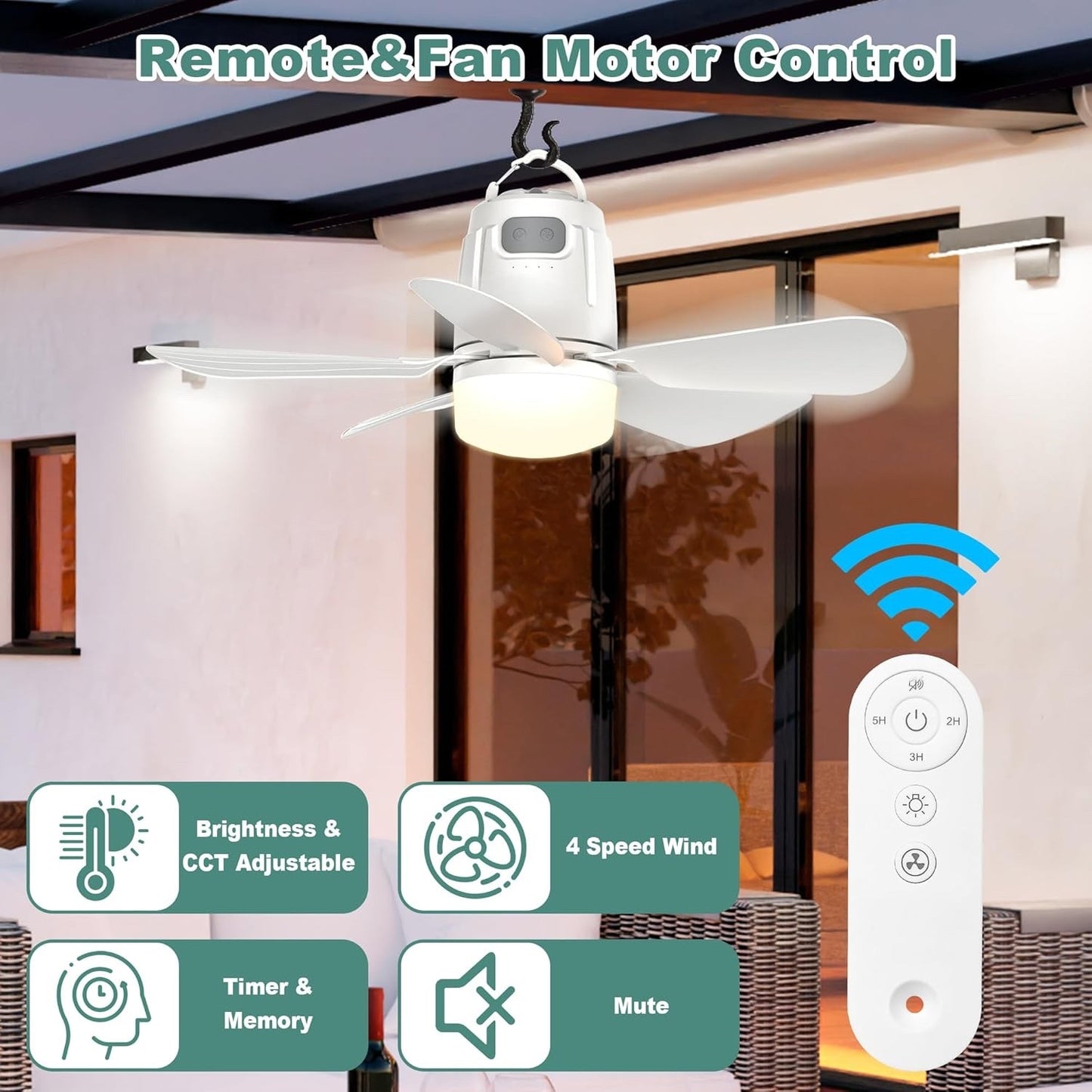 Canopy Fan 20'', 20000mAh Portable Outdoor Ceiling Fan with Light with Remote...