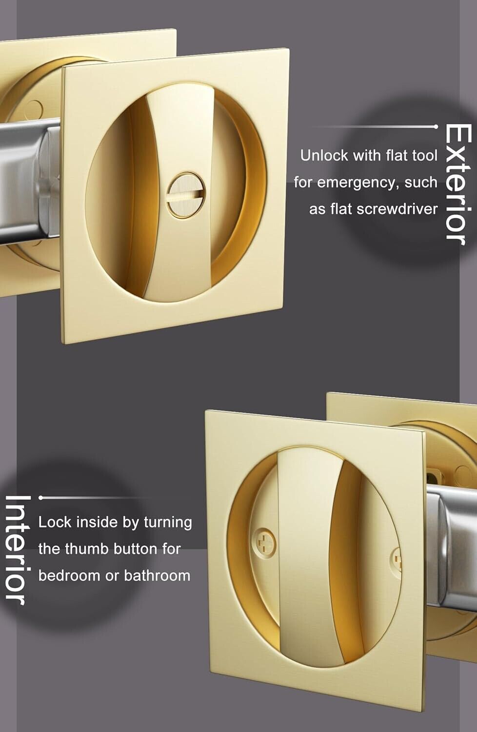 goldenwarm Gold Pocket Door Hardware, Brushed Gold Contemporary Privacy Squar...