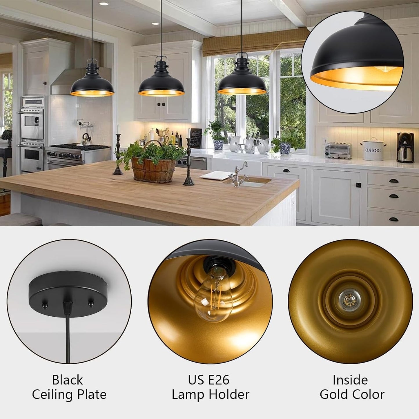 Refice 3 Pack Farmhouse Pendant Lights Black Pendant Lighting for Kitchen Island