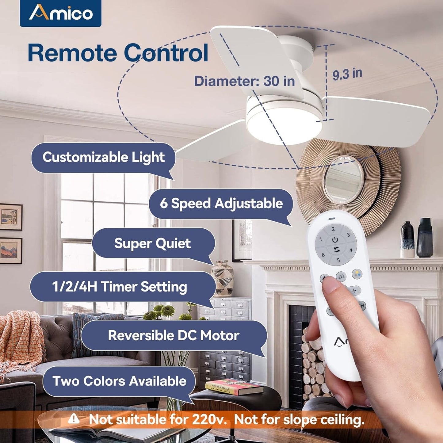 Amico Ceiling Fans with Lights, 30 inch Low Profile Ceiling Fan with Light