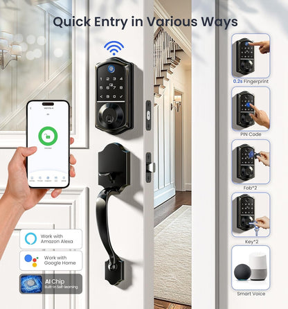 Veise VE017G-H Wi-Fi Smart Fingerprint Front Door Lock Set, Remote App Control,