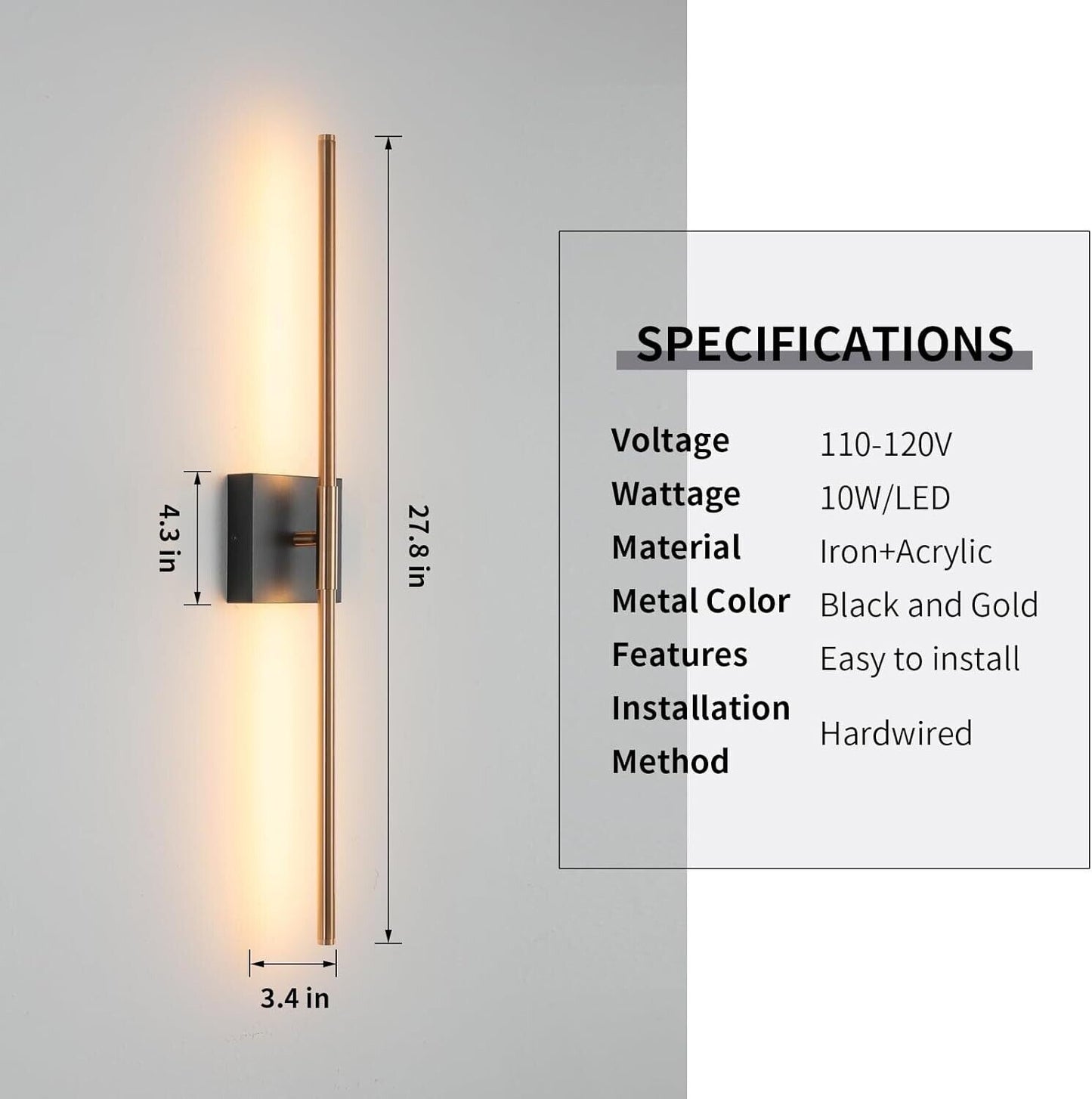 Modern Light Fixture Set of Two 27.8x4.3x3.4in Black and  Gold
