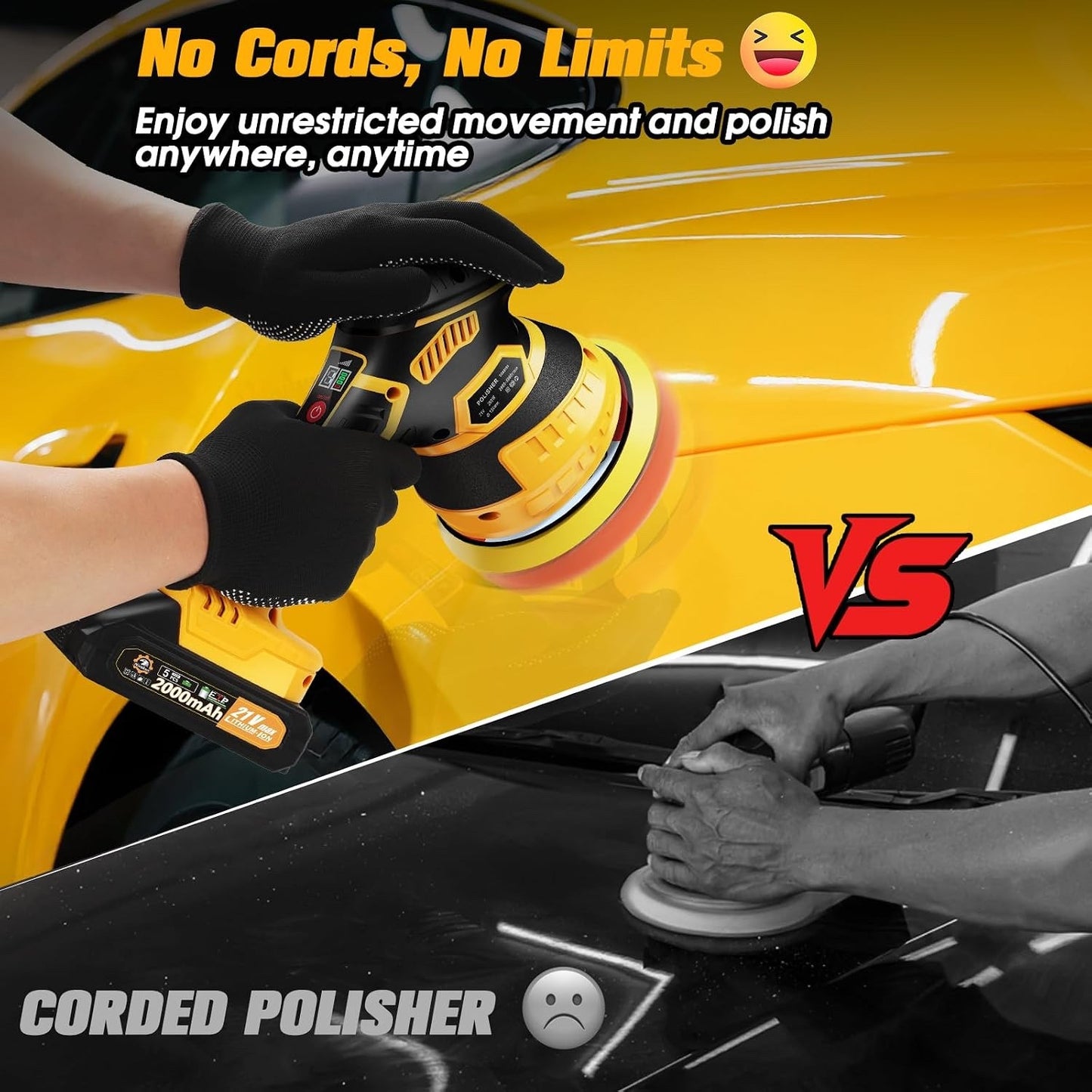 Cordless Car Buffer Polisher kit [2x 2000mAh 21V Batteries & 18 PCS Attachments]