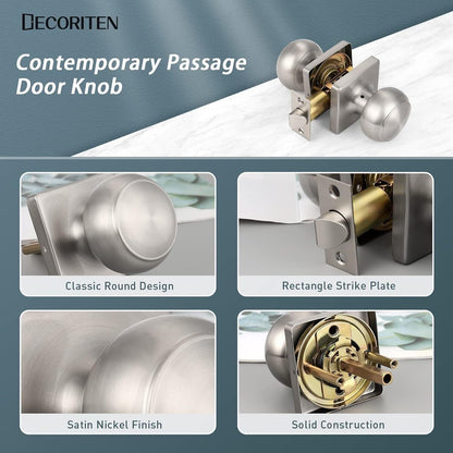 5 Pack Passage Door Knobs Interior for Hall/Closet, Satin Nickel Finish Keyless
